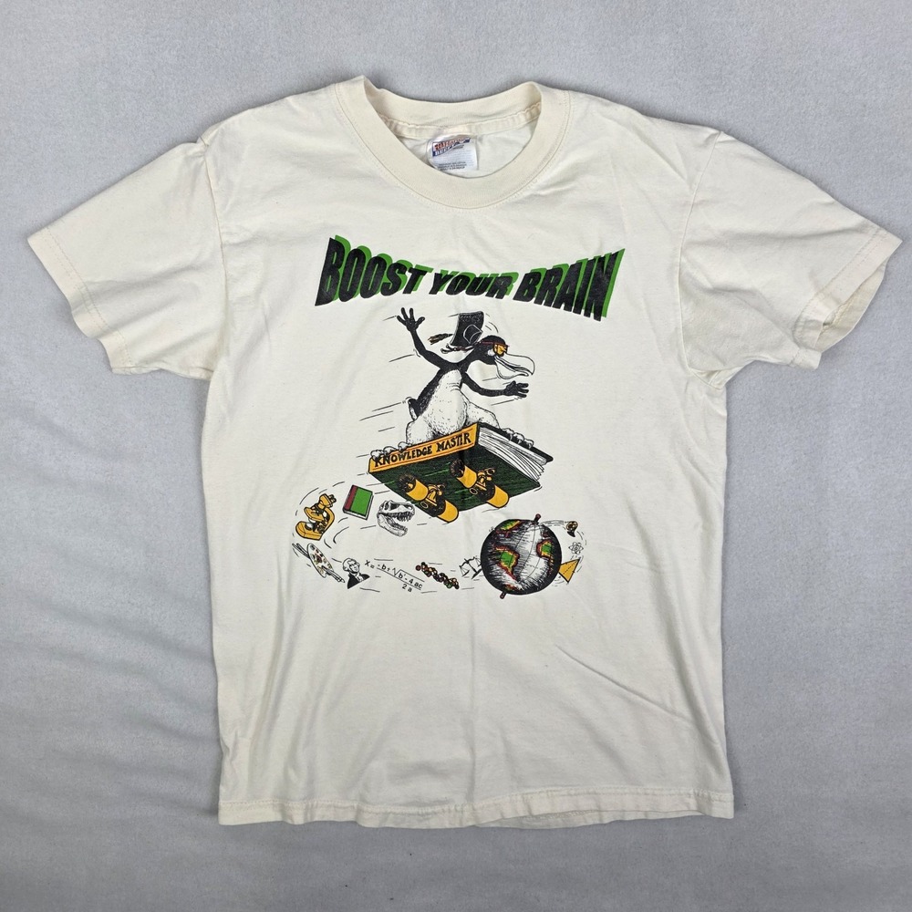 Vintage 90s Knowledge Master T Shirt Mens Small White Skate Graduate School Math